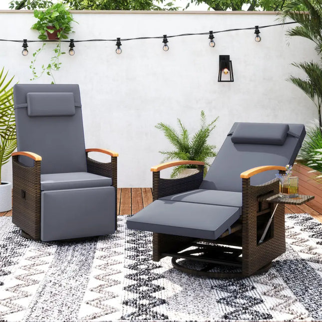 Set of 2 Patio Rattan 360Â° Swivel Recliner Chair with Adjustable Backrest and Footrest-Dark Gray - Gray - Outdoor