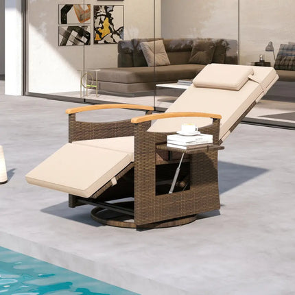 Set of 2 Patio Rattan 360Â° Swivel Recliner Chair with Adjustable Backrest and Footrest-Beige - Beige - Outdoor Chaise