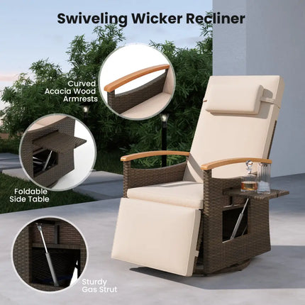Set of 2 Patio Rattan 360Â° Swivel Recliner Chair with Adjustable Backrest and Footrest-Beige - Beige - Outdoor Chaise