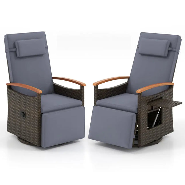 Set of 2 Patio Rattan 360Â° Swivel Recliner Chair with Adjustable Backrest and Footrest-Dark Gray - Gray - Outdoor