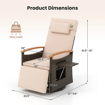 Set of 2 Patio Rattan 360Â° Swivel Recliner Chair with Adjustable Backrest and Footrest-Beige - Beige - Outdoor Chaise