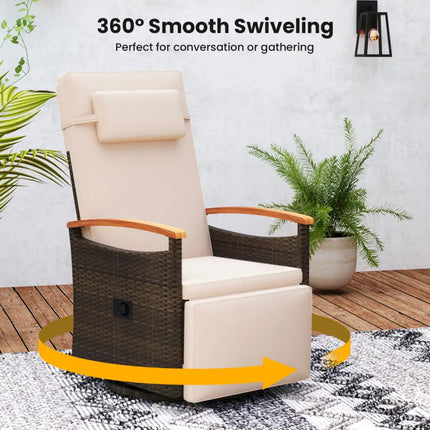 Set of 2 Patio Rattan 360Â° Swivel Recliner Chair with Adjustable Backrest and Footrest-Beige - Beige - Outdoor Chaise