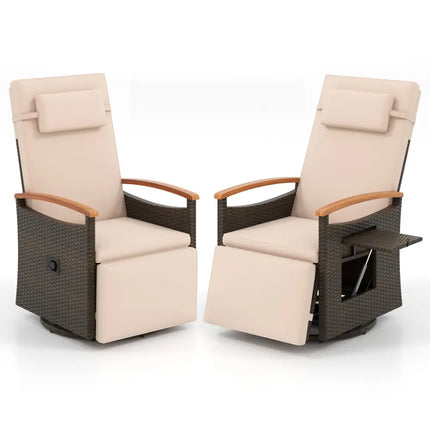 Set of 2 Patio Rattan 360Â° Swivel Recliner Chair with Adjustable Backrest and Footrest-Beige - Beige - Outdoor Chaise
