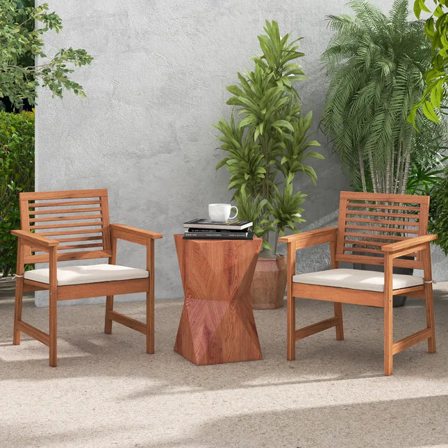 Set of 2 Patio Solid Wood Dining Chairs with Cushions and Slatted Seat - Natural - Patio Dining Chairs