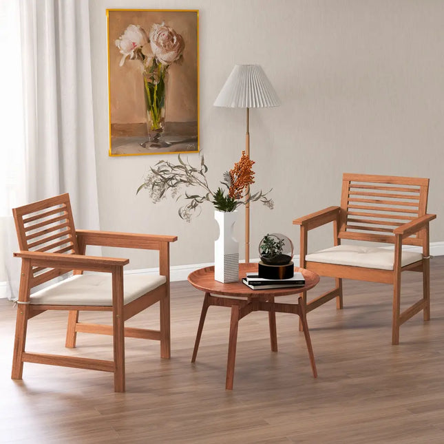 Set of 2 Patio Solid Wood Dining Chairs with Cushions and Slatted Seat - Natural - Patio Dining Chairs