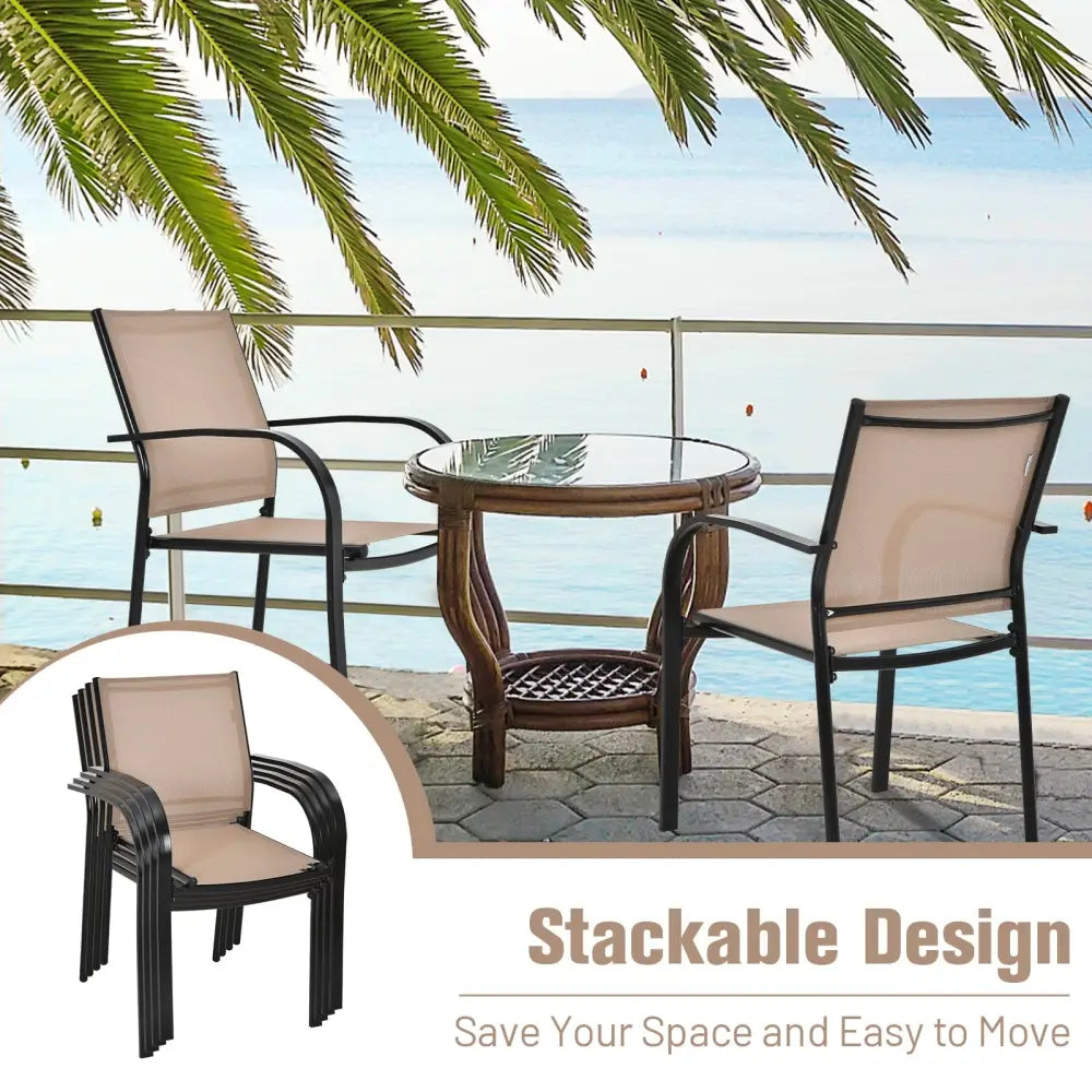 Set of 2 Patio Stackable Dining Chairs with Armrests Garden Deck-Brown - Brown - Patio Dining Chairs