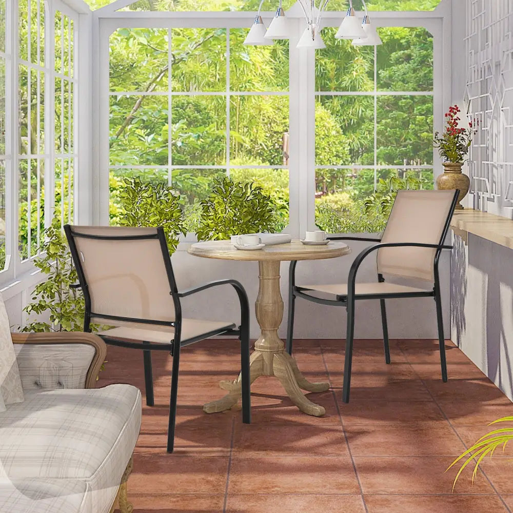 Set of 2 Patio Stackable Dining Chairs with Armrests Garden Deck-Brown - Brown - Patio Dining Chairs