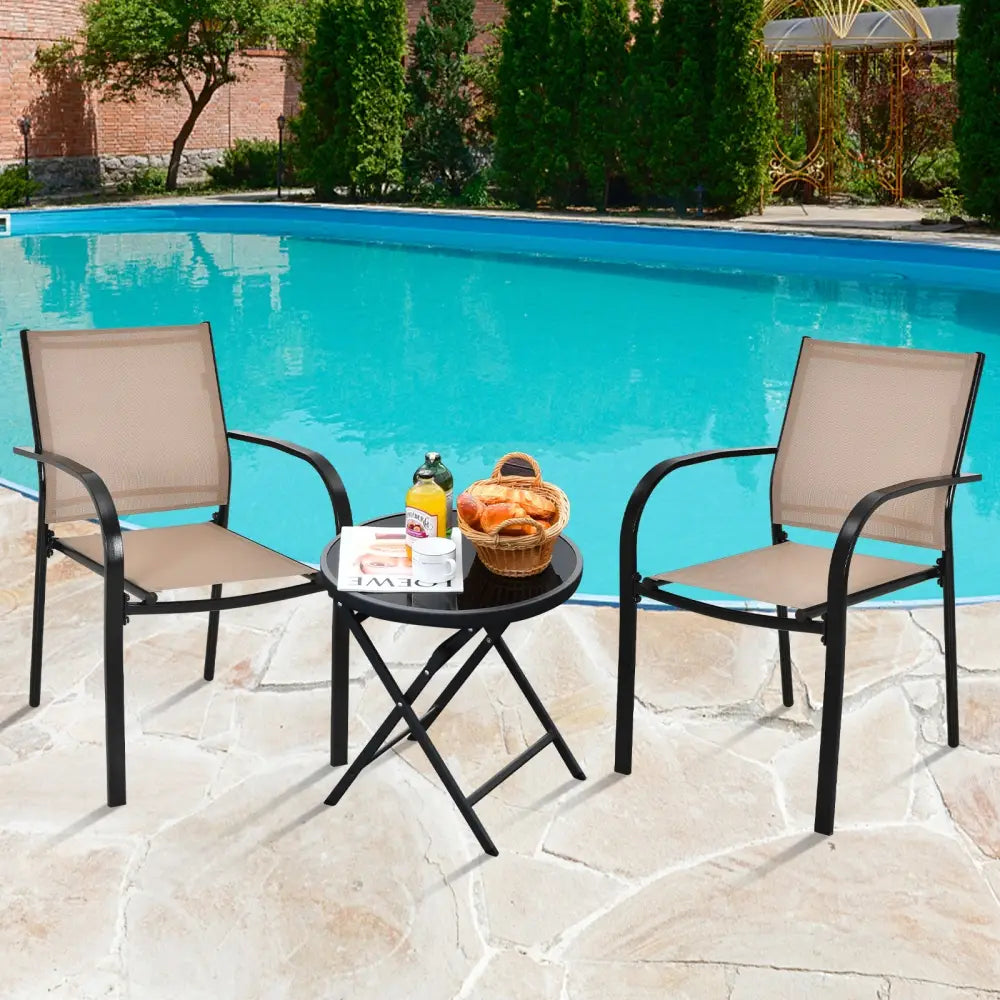 Set of 2 Patio Stackable Dining Chairs with Armrests Garden Deck-Brown - Brown - Patio Dining Chairs