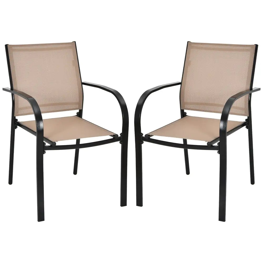 Set of 2 Patio Stackable Dining Chairs with Armrests Garden Deck-Brown - Brown - Patio Dining Chairs