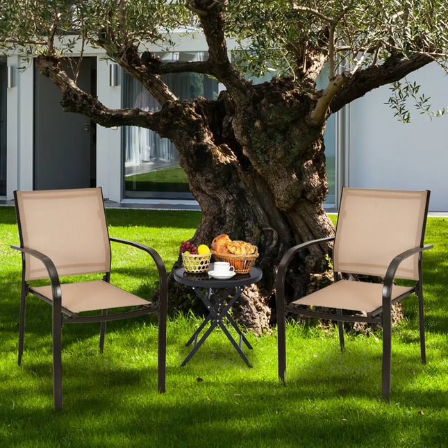 Set of 2 Patio Stackable Dining Chairs with Armrests Garden Deck-Brown - Brown - Patio Dining Chairs