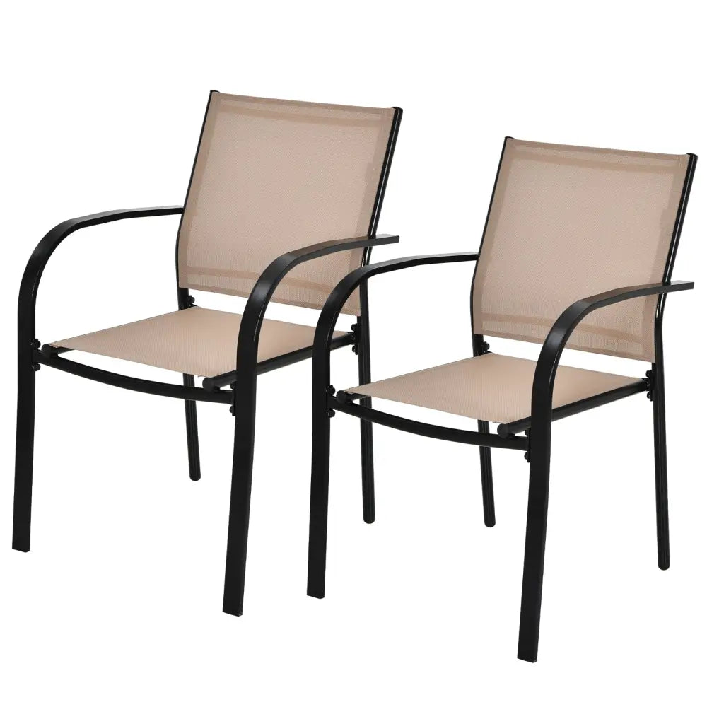 Set of 2 Patio Stackable Dining Chairs with Armrests Garden Deck-Brown - Brown - Patio Dining Chairs