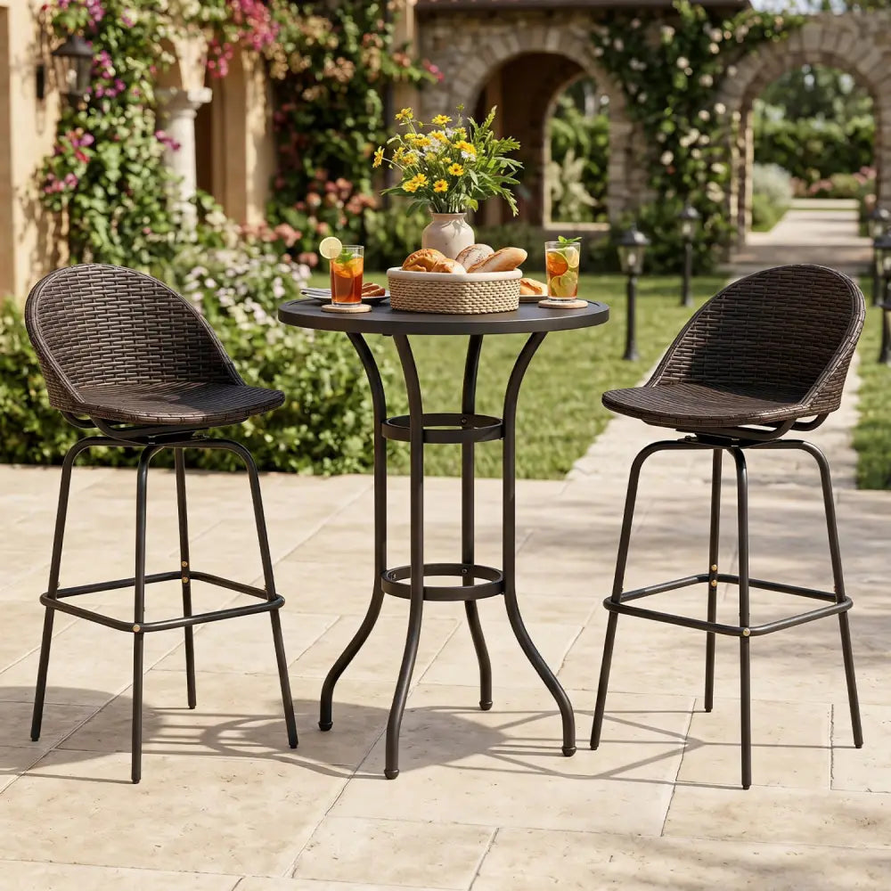Set of 2 Patio Swivel Bar Stools with Rattan Seat 400 LBS for Garden-Brown - Brown - Patio Bar Furniture
