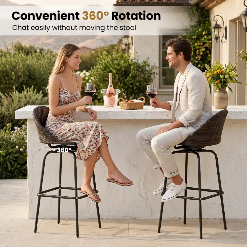 Set of 2 Patio Swivel Bar Stools with Rattan Seat 400 LBS for Garden-Brown - Brown - Patio Bar Furniture