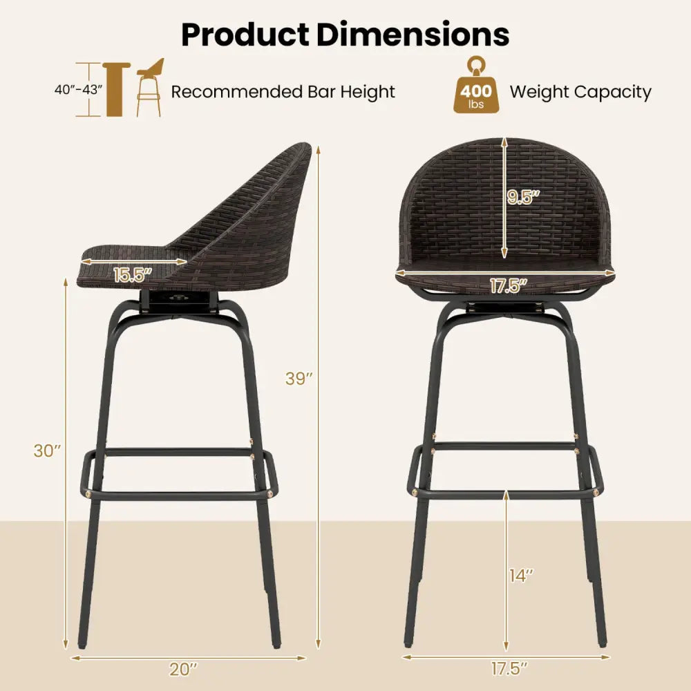 Set of 2 Patio Swivel Bar Stools with Rattan Seat 400 LBS for Garden-Brown - Brown - Patio Bar Furniture