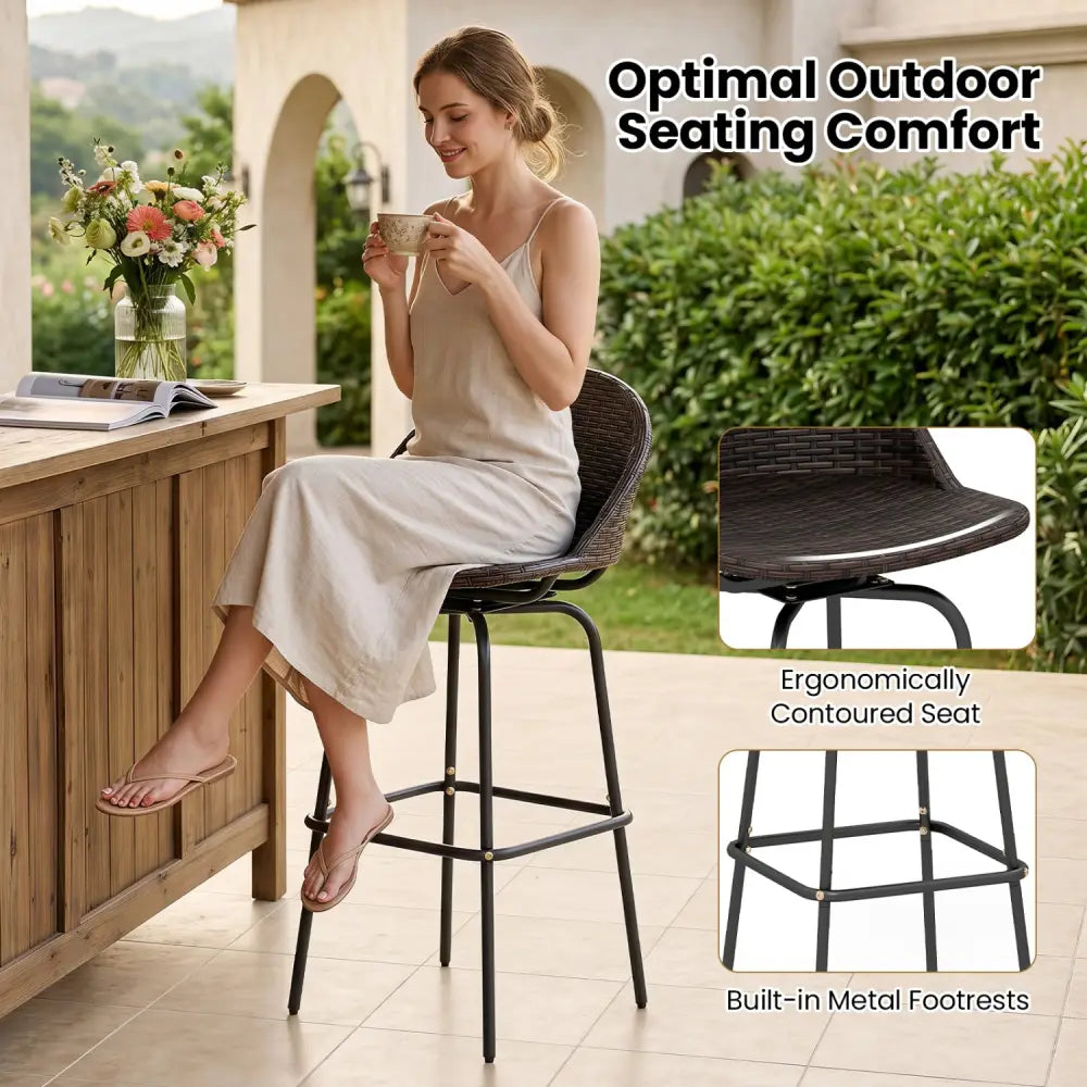 Set of 2 Patio Swivel Bar Stools with Rattan Seat 400 LBS for Garden-Brown - Brown - Patio Bar Furniture
