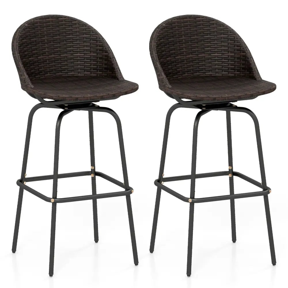 Set of 2 Patio Swivel Bar Stools with Rattan Seat 400 LBS for Garden-Brown - Brown - Patio Bar Furniture