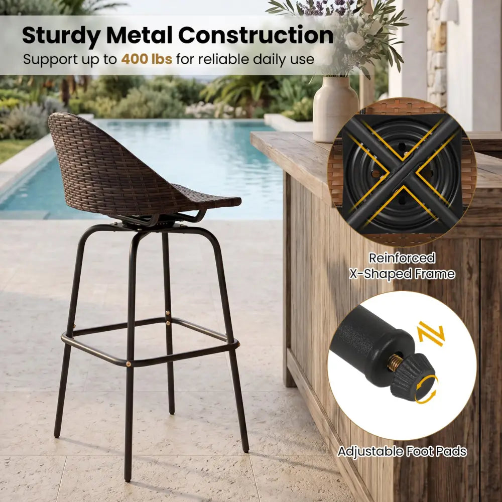 Set of 2 Patio Swivel Bar Stools with Rattan Seat 400 LBS for Garden-Brown - Brown - Patio Bar Furniture