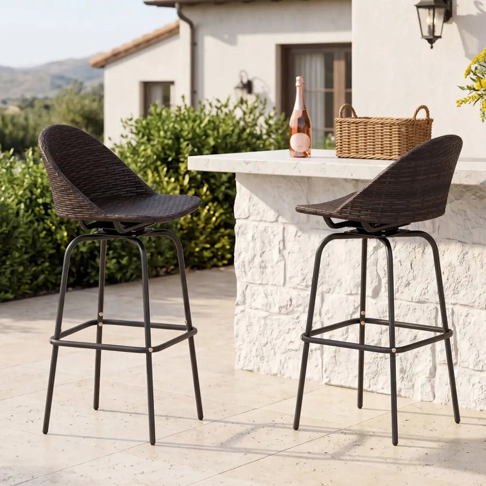 Set of 2 Patio Swivel Bar Stools with Rattan Seat 400 LBS for Garden-Brown - Brown - Patio Bar Furniture