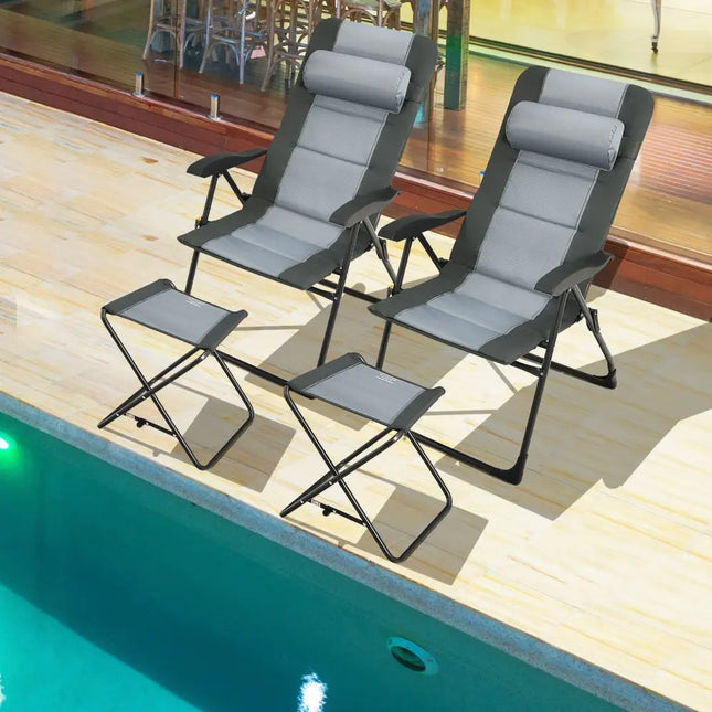 Set of 2 Patiojoy Patio Folding Dining Chair with Ottoman Set Recliner Adjustable-Gray - Gray - Beach & Lawn Chairs
