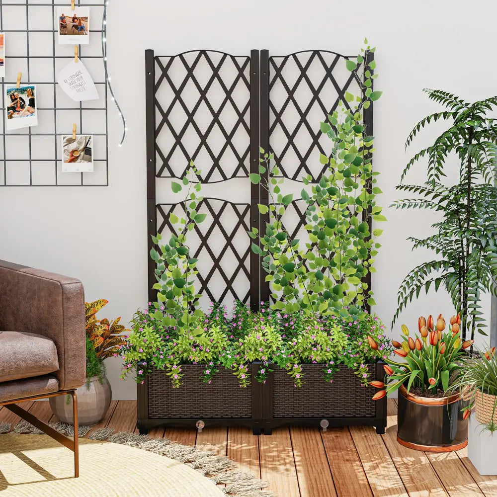 Set of 2 PE Rattan Raised Garden Bed with Trellis Planter Box for Climbing Plants-Rustic Brown - Rustic Brown - Raised