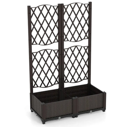 Set of 2 PE Rattan Raised Garden Bed with Trellis Planter Box for Climbing Plants-Rustic Brown - Rustic Brown - Raised