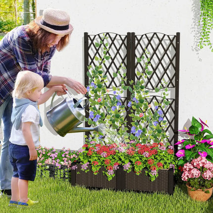 Set of 2 PE Rattan Raised Garden Bed with Trellis Planter Box for Climbing Plants-Rustic Brown - Rustic Brown - Raised