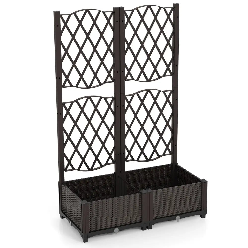 Set of 2 PE Rattan Raised Garden Bed with Trellis Planter Box for Climbing Plants-Rustic Brown - Rustic Brown - Raised