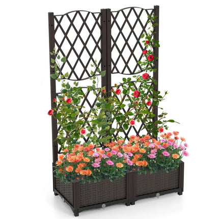 Set of 2 PE Rattan Raised Garden Bed with Trellis Planter Box for Climbing Plants-Rustic Brown - Rustic Brown - Raised