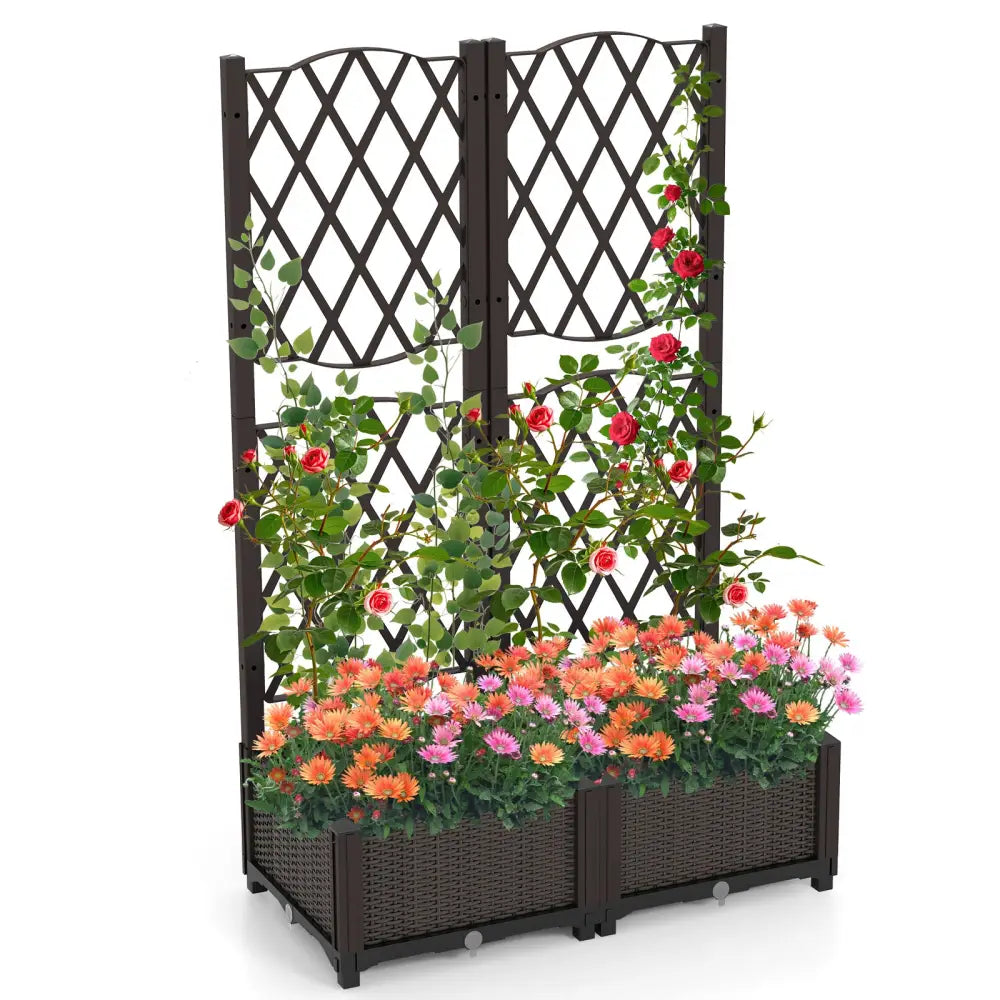 Set of 2 PE Rattan Raised Garden Bed with Trellis Planter Box for Climbing Plants-Rustic Brown - Rustic Brown - Raised
