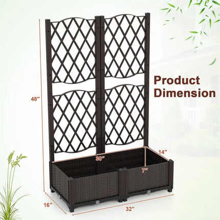 Set of 2 PE Rattan Raised Garden Bed with Trellis Planter Box for Climbing Plants-Rustic Brown - Rustic Brown - Raised