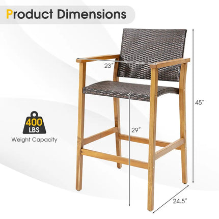 Set of 2 PE Wicker Patio Bar Chairs with Acacia Wood Armrests-Set of 2 - Brown - Patio Bar Furniture