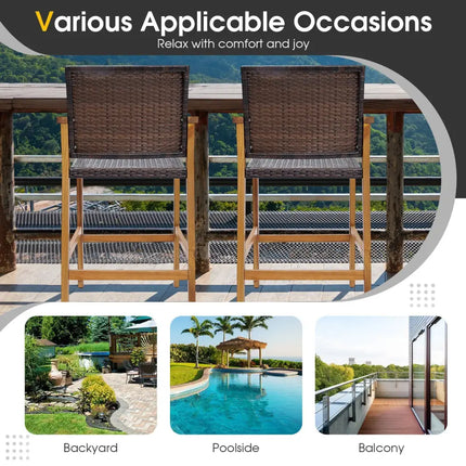 Set of 2 PE Wicker Patio Bar Chairs with Acacia Wood Armrests-Set of 2 - Brown - Patio Bar Furniture