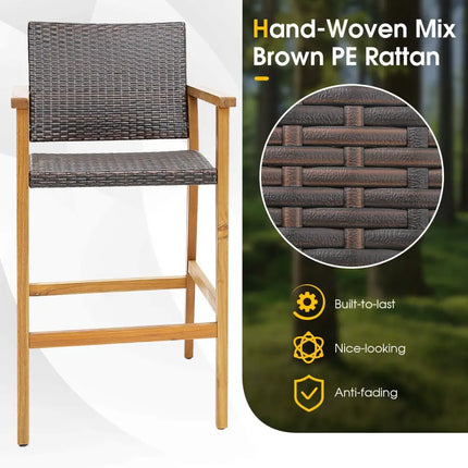 Set of 2 PE Wicker Patio Bar Chairs with Acacia Wood Armrests-Set of 2 - Brown - Patio Bar Furniture