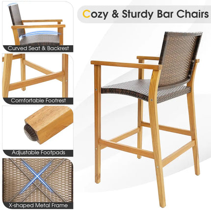 Set of 2 PE Wicker Patio Bar Chairs with Acacia Wood Armrests-Set of 2 - Brown - Patio Bar Furniture