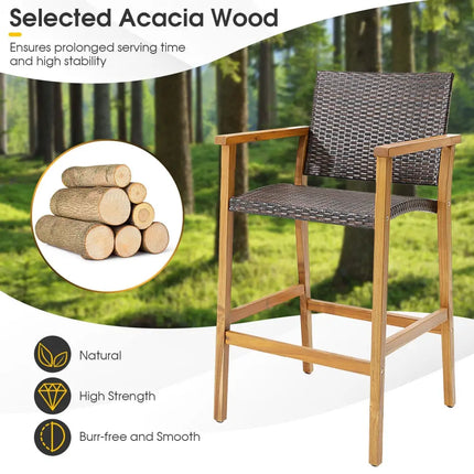 Set of 2 PE Wicker Patio Bar Chairs with Acacia Wood Armrests-Set of 2 - Brown - Patio Bar Furniture