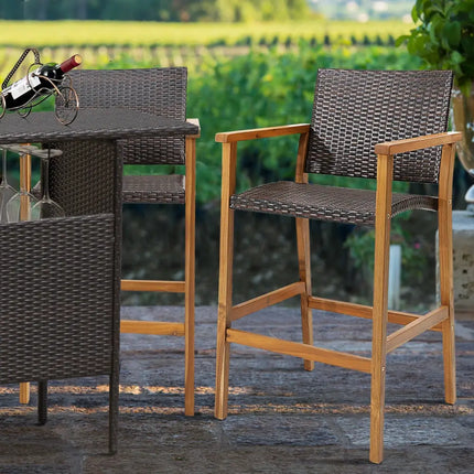 Set of 2 PE Wicker Patio Bar Chairs with Acacia Wood Armrests-Set of 2 - Brown - Patio Bar Furniture