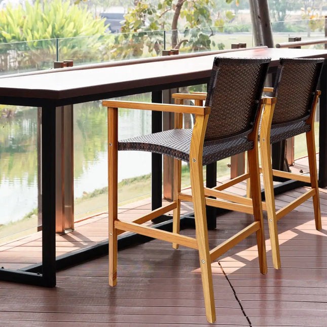 Set of 2 PE Wicker Patio Bar Chairs with Acacia Wood Armrests-Set of 2 - Brown - Patio Bar Furniture