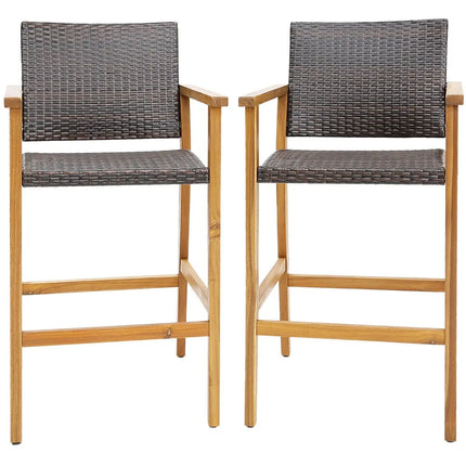 Set of 2 PE Wicker Patio Bar Chairs with Acacia Wood Armrests-Set of 2 - Brown - Patio Bar Furniture