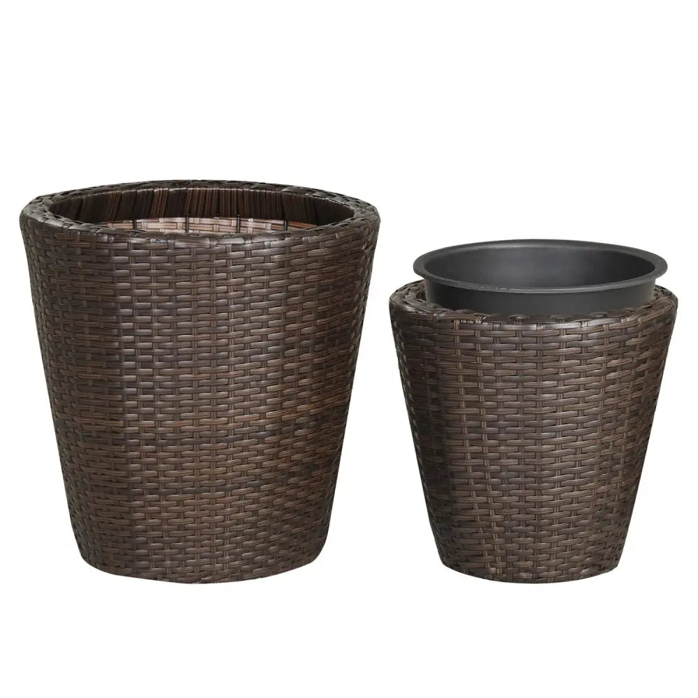 Set of 2 Plastic Taper Rattan Planters with Drainage Holes and Saucers-Brown - Brown - Raised Garden Beds
