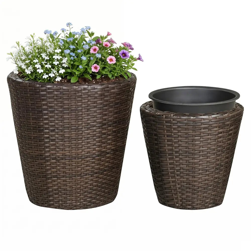 Set of 2 Plastic Taper Rattan Planters with Drainage Holes and Saucers-Brown - Brown - Raised Garden Beds