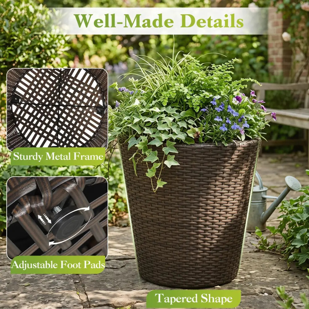Set of 2 Plastic Taper Rattan Planters with Drainage Holes and Saucers-Brown - Brown - Raised Garden Beds