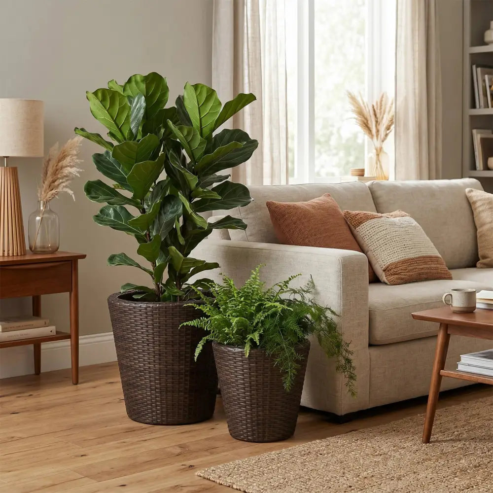 Set of 2 Plastic Taper Rattan Planters with Drainage Holes and Saucers-Brown - Brown - Raised Garden Beds