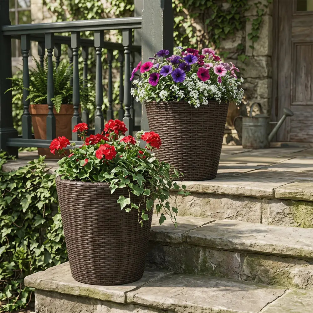 Set of 2 Plastic Taper Rattan Planters with Drainage Holes and Saucers-Brown - Brown - Raised Garden Beds