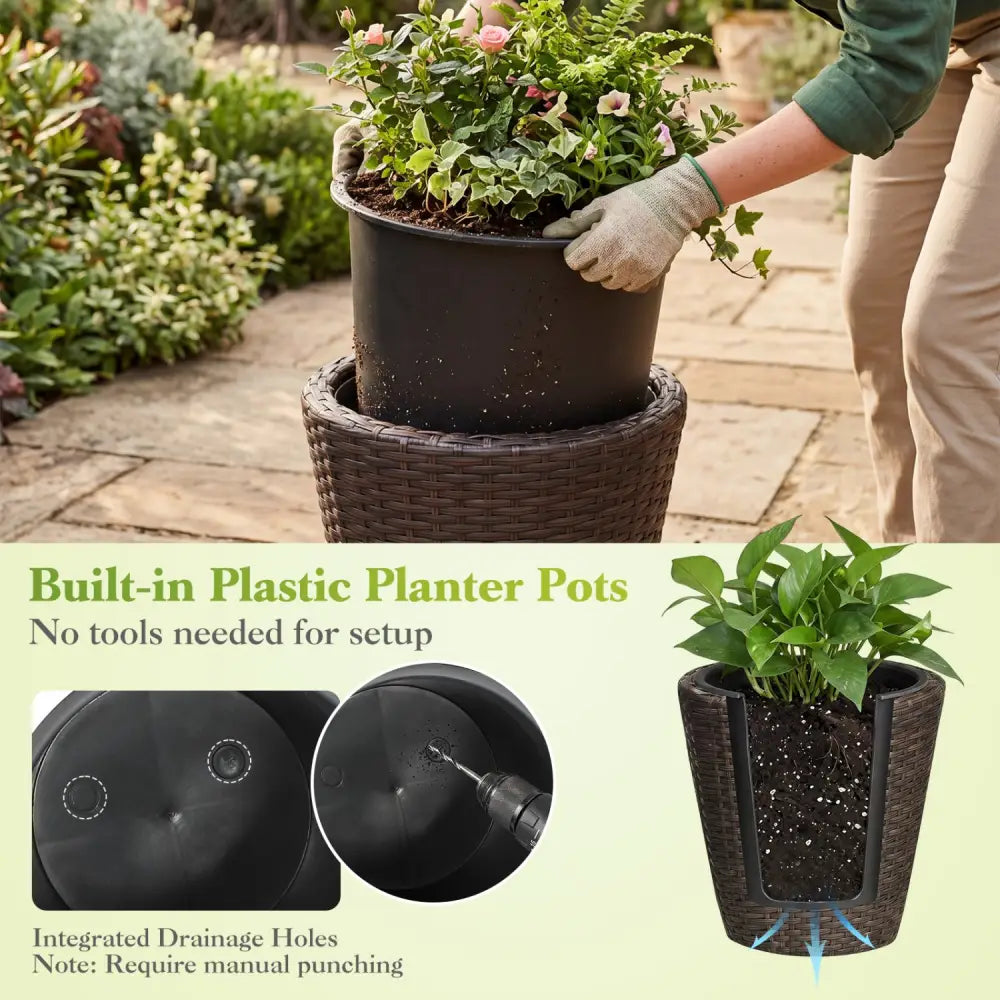 Set of 2 Plastic Taper Rattan Planters with Drainage Holes and Saucers-Brown - Brown - Raised Garden Beds