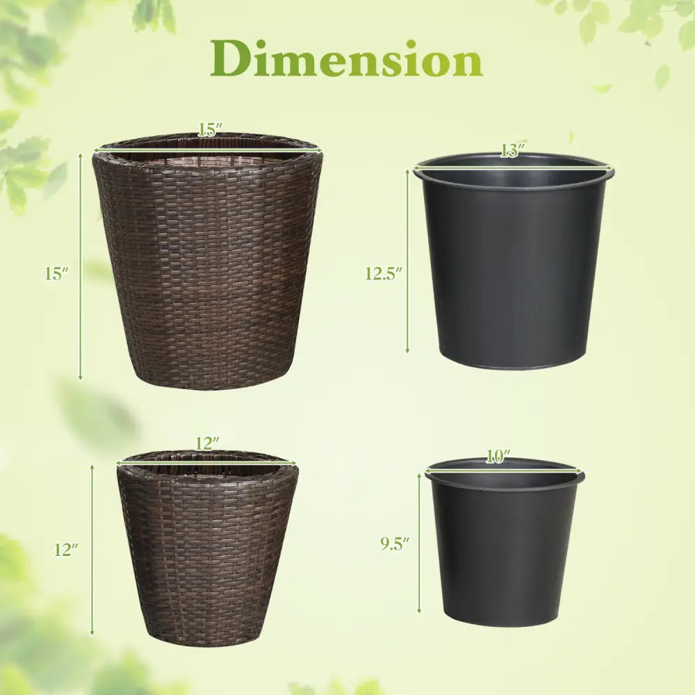 Set of 2 Plastic Taper Rattan Planters with Drainage Holes and Saucers-Brown - Brown - Raised Garden Beds