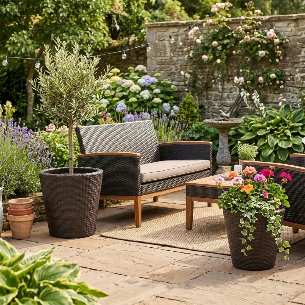 Set of 2 Plastic Taper Rattan Planters with Drainage Holes and Saucers-Brown - Brown - Raised Garden Beds