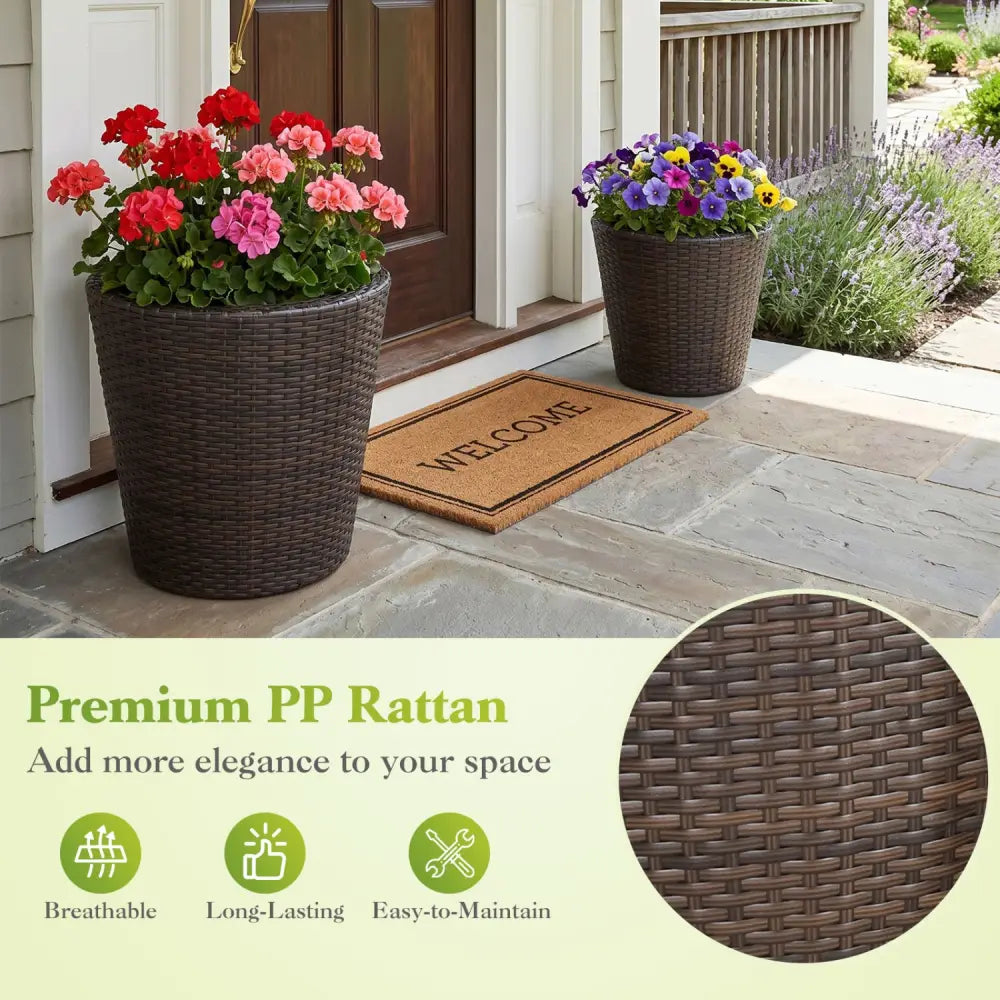 Set of 2 Plastic Taper Rattan Planters with Drainage Holes and Saucers-Brown - Brown - Raised Garden Beds