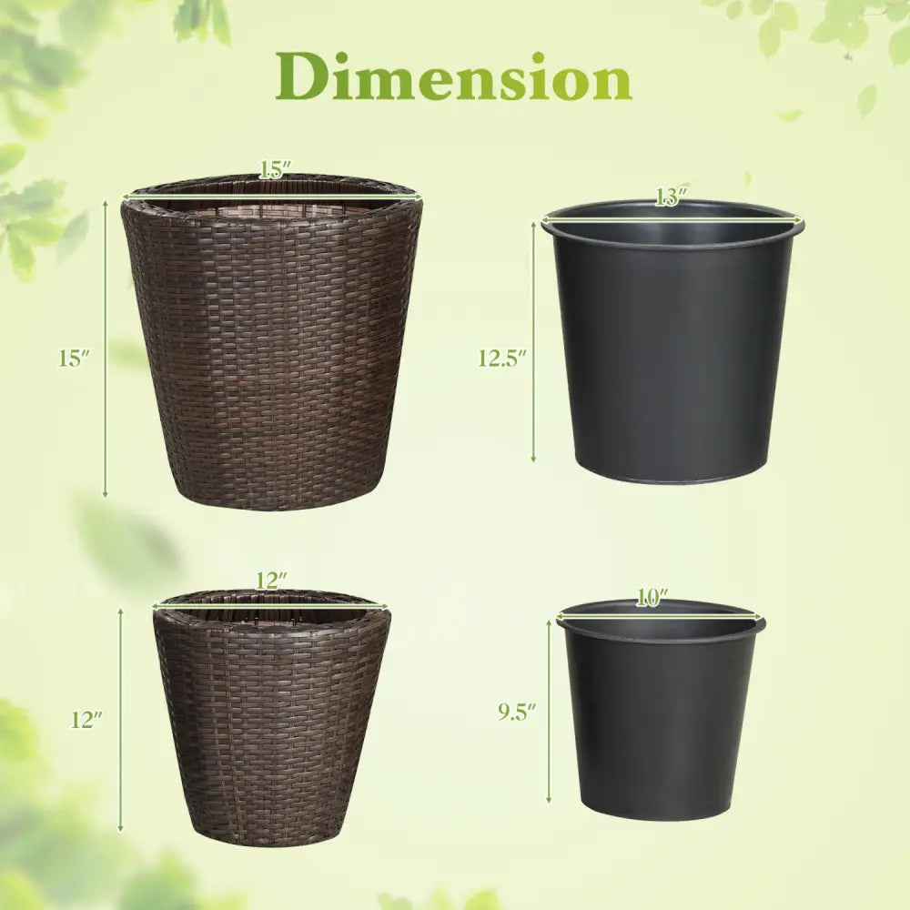 Set of 2 Plastic Taper Rattan Planters with Drainage Holes and Saucers-Brown - Brown - Raised Garden Beds