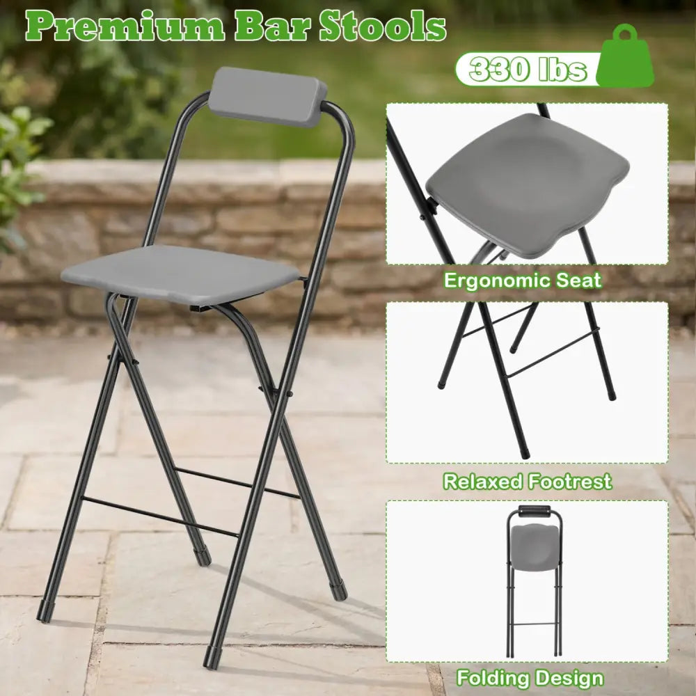 Set of 2 Portable Bar Height Stools with Ergonomic Seat and Comfortable Footrest-Black - Black - Patio Bar Furniture