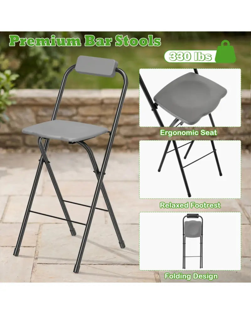Set of 2 Portable Bar Height Stools with Ergonomic Seat and Comfortable Footrest-Black - Black - Patio Bar Furniture